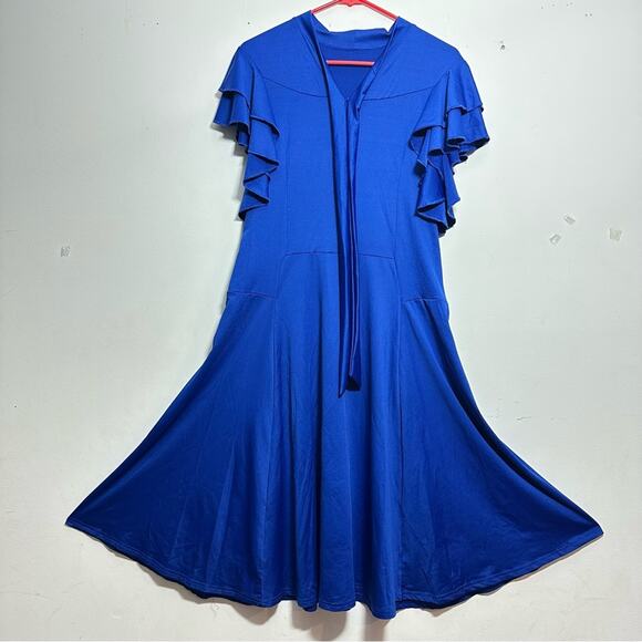 Dance Innovations Royal Blue Performance Dress, Flowy Ruffle Sleeve, NWT size AM - Picture 4 of 15